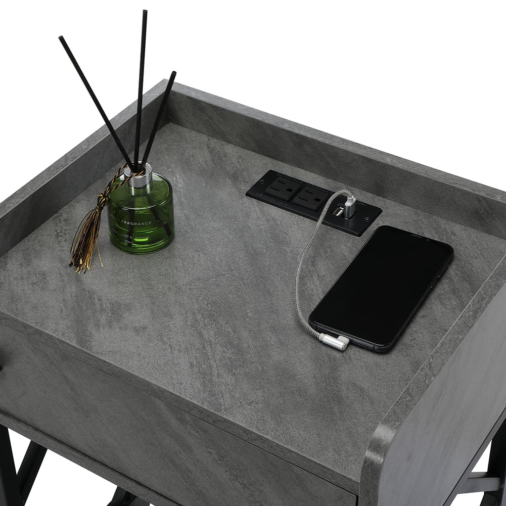 Resenkos Set of 2 Nightstand with Charging Station, Industrial Bedside Table with Storage Shelf for Bedroom Gray Resenkos Set of 2 Nightstand with Charging Station, Industrial Bedside Table with Storage Shelf for Bedroom Gray