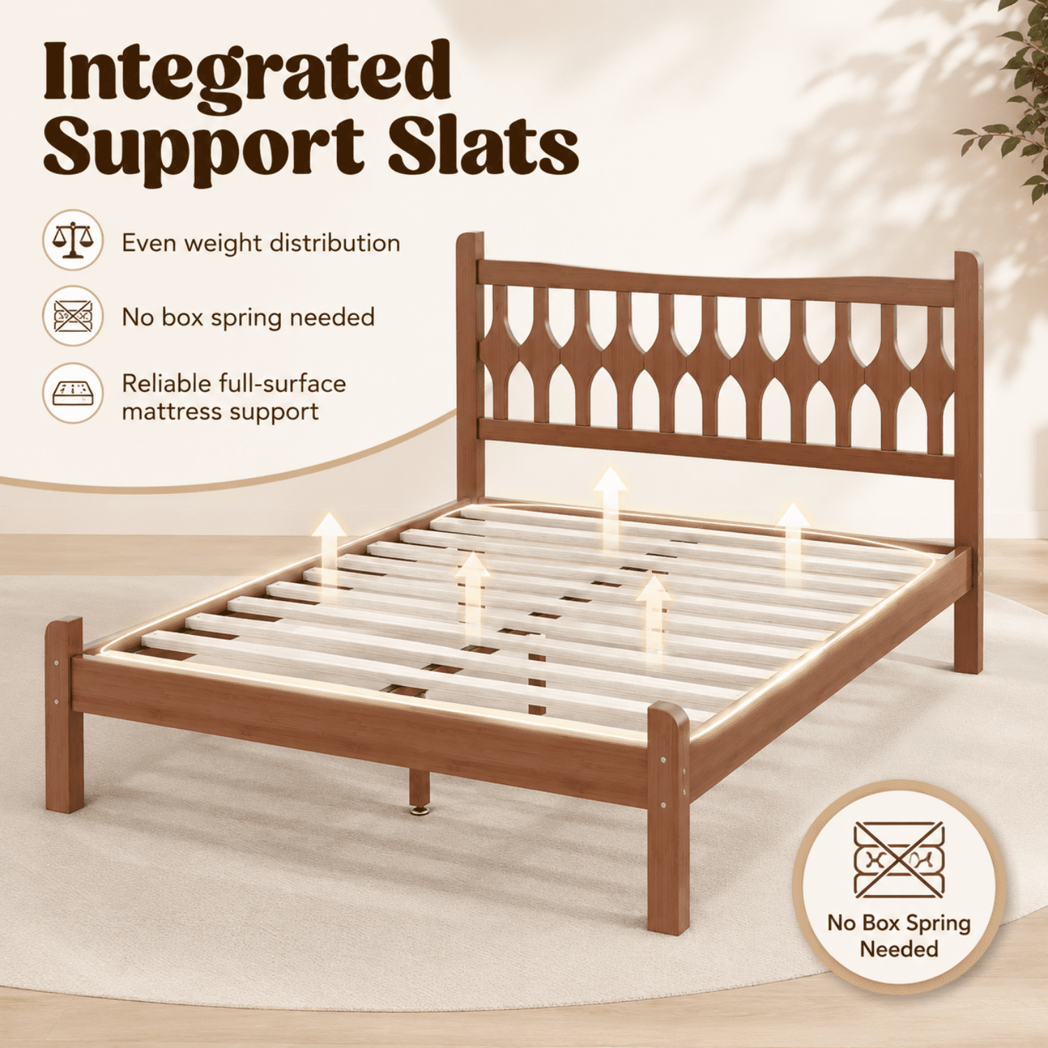 Miniyam Full Size Bamboo Platform Bed Frame with Geometric Headboard, Brown