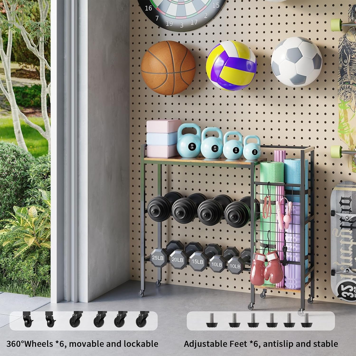 Dumbbell Rack, Gym Storage Rack, Weight Rack for  Gym, Dumbbells, Kettlebells, Yoga Mats &  Space-Saving  Gym Organizer