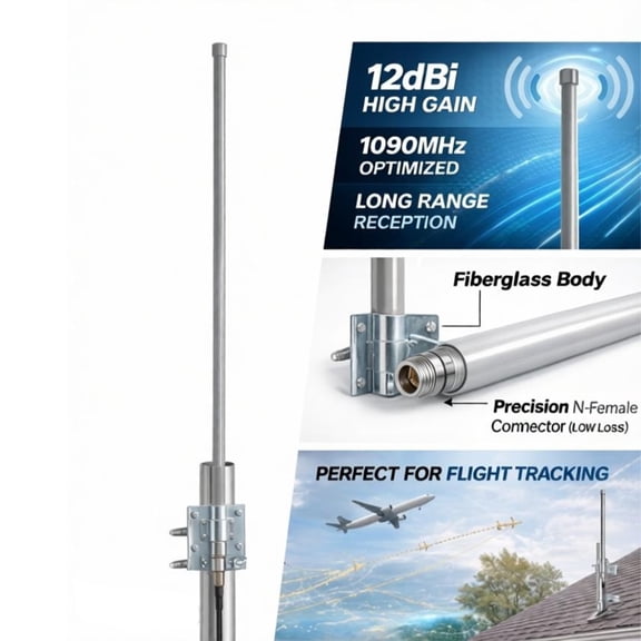 1090MHz/978MHz ADS-B Fiberglass Antenna - 12dBi Omni with 33ft SMA Cable for Aviation