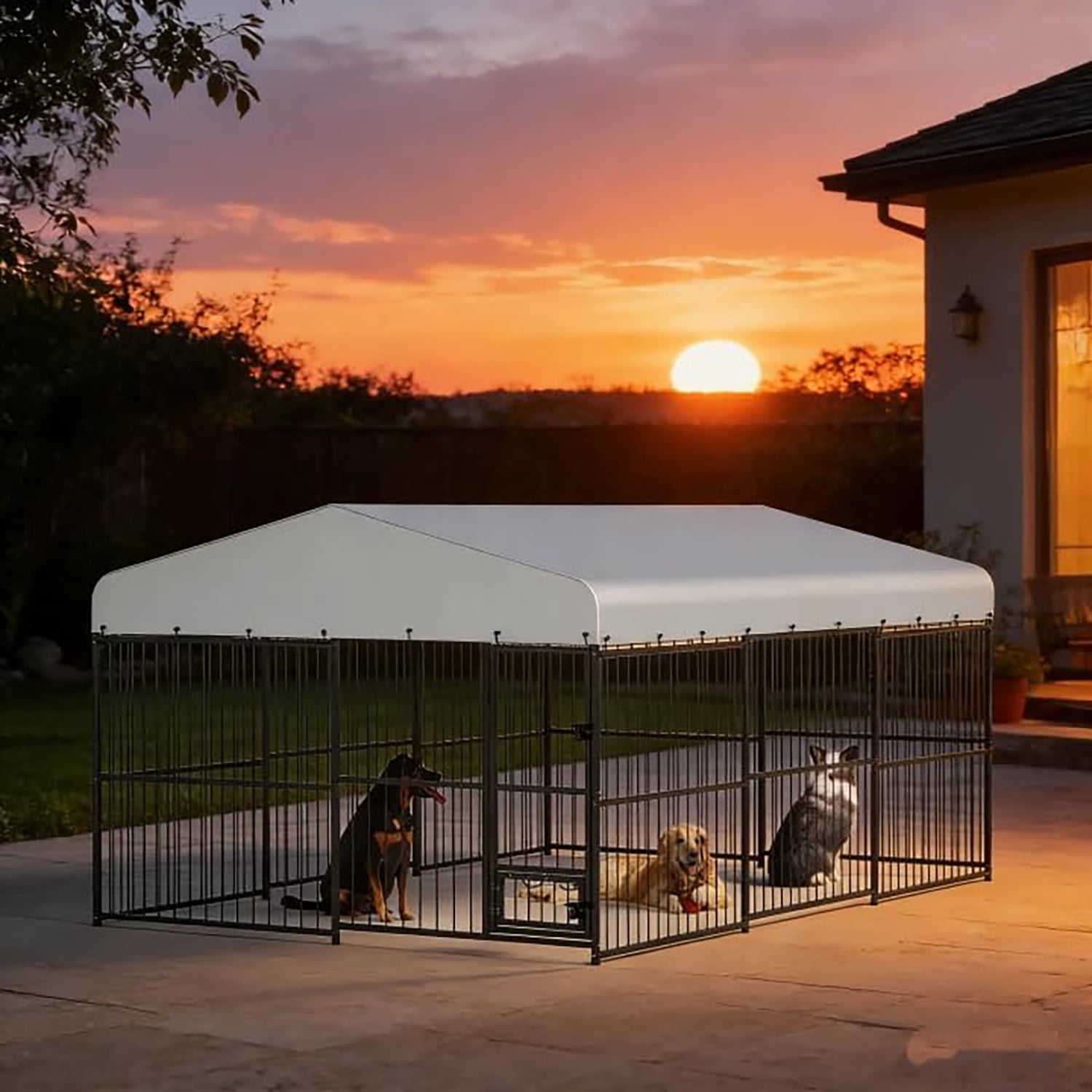 10x15x6FT Heavy Duty Large Outdoor Dog Kennel with Waterproof Cover and Feeding Doors for Backyard Garden Patio