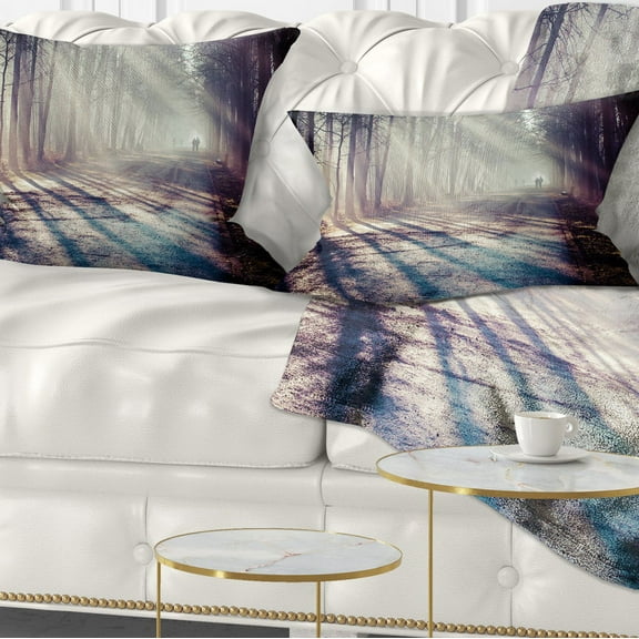 Designart Strong Sunbeams in Thick Forest - Landscape Photography Throw Pillow - 12x20