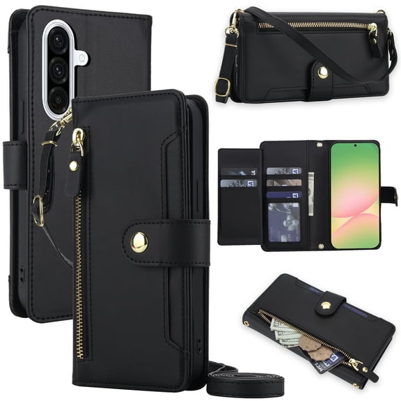 Dteck Crossbody Wallet Case for Samsung Galaxy S26 / S26 Plus 5G RFID Blocking 7-Card Holder Soft PU Leather Magnetic Snap Zipper Pocket Phone Case,Black
