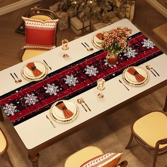 Christmas Tablecloth Waterproof Long Table Flag | Festive Holiday Decoration for Coffee Dining Room Tables | Snowflake Pattern Table Cover for Home Living Room Kitchen