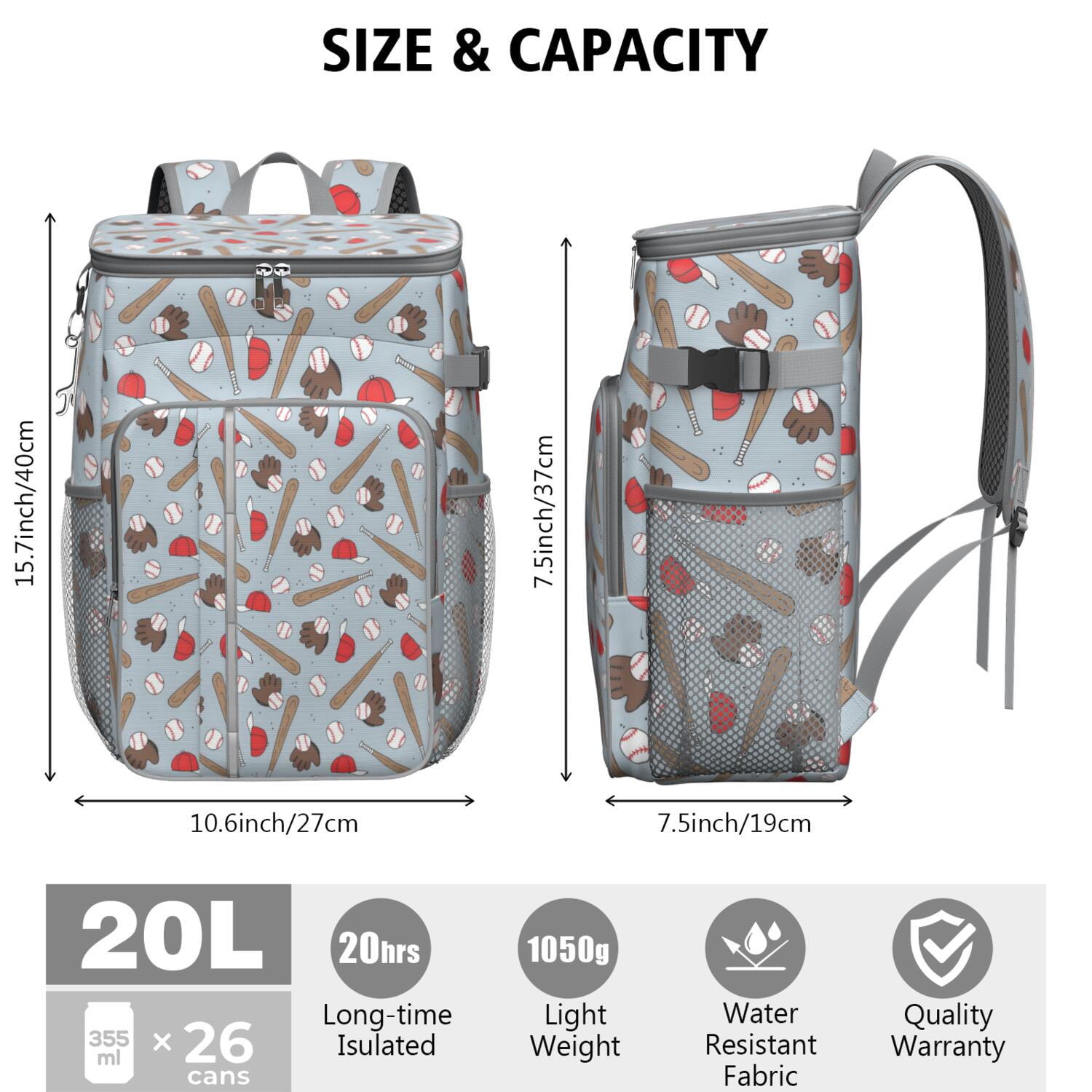 Travel Cooler Bag - Blue Baseball Gear Pattern Camping Beer Cooler Backpack with Bottle Opener- Waterproof Insulated Picnic Backpacks - Cooler Bag for Beach