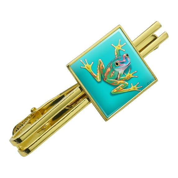 Big Tropical Rainbow Rainforest Tree Frog Square Tie Bar Clip Clasp Tack- Silver or Gold