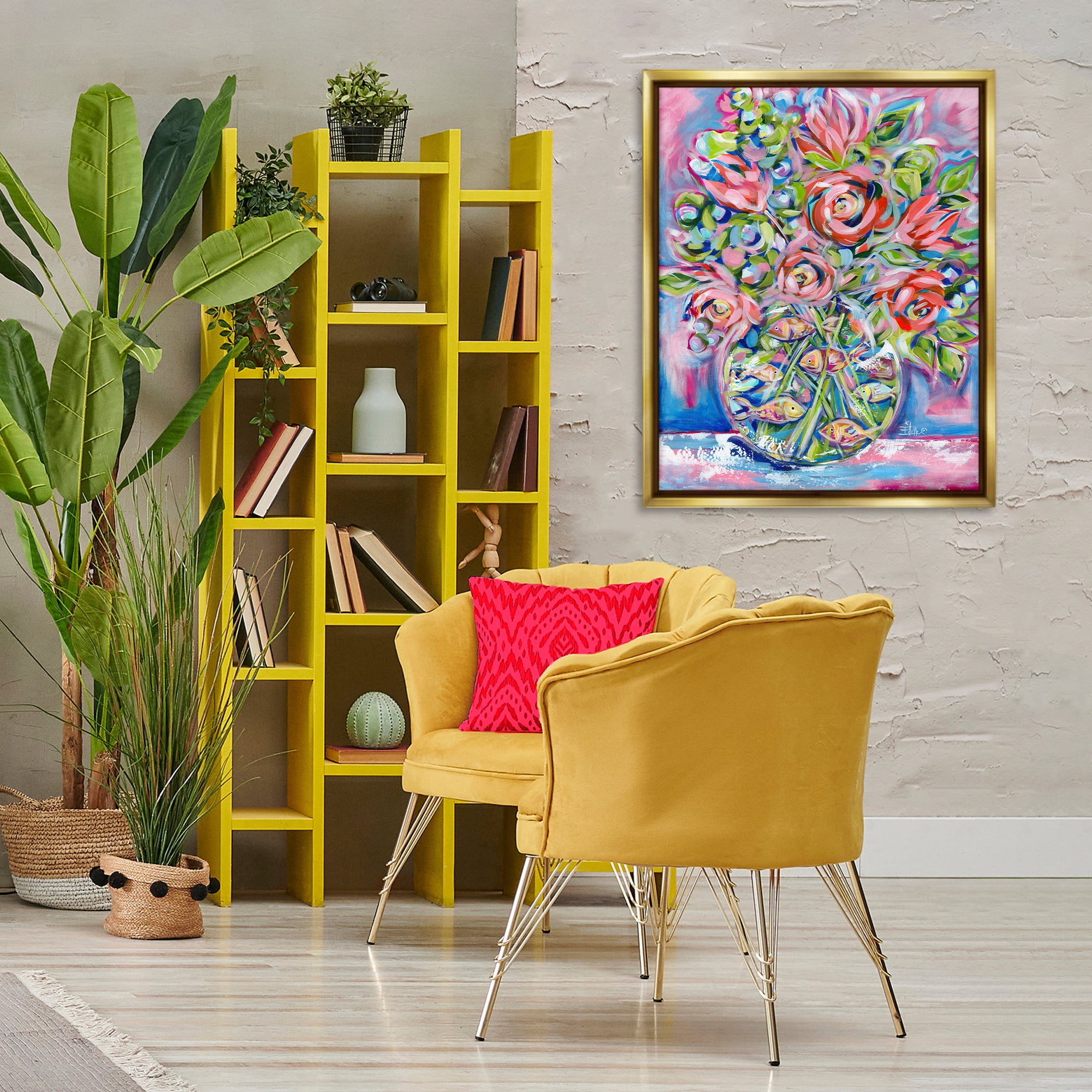 Stupell Industries Roses & Goldfish Vase Botanical & Floral Painting Gold Floater Framed Art Print Wall Art, 25 x 31