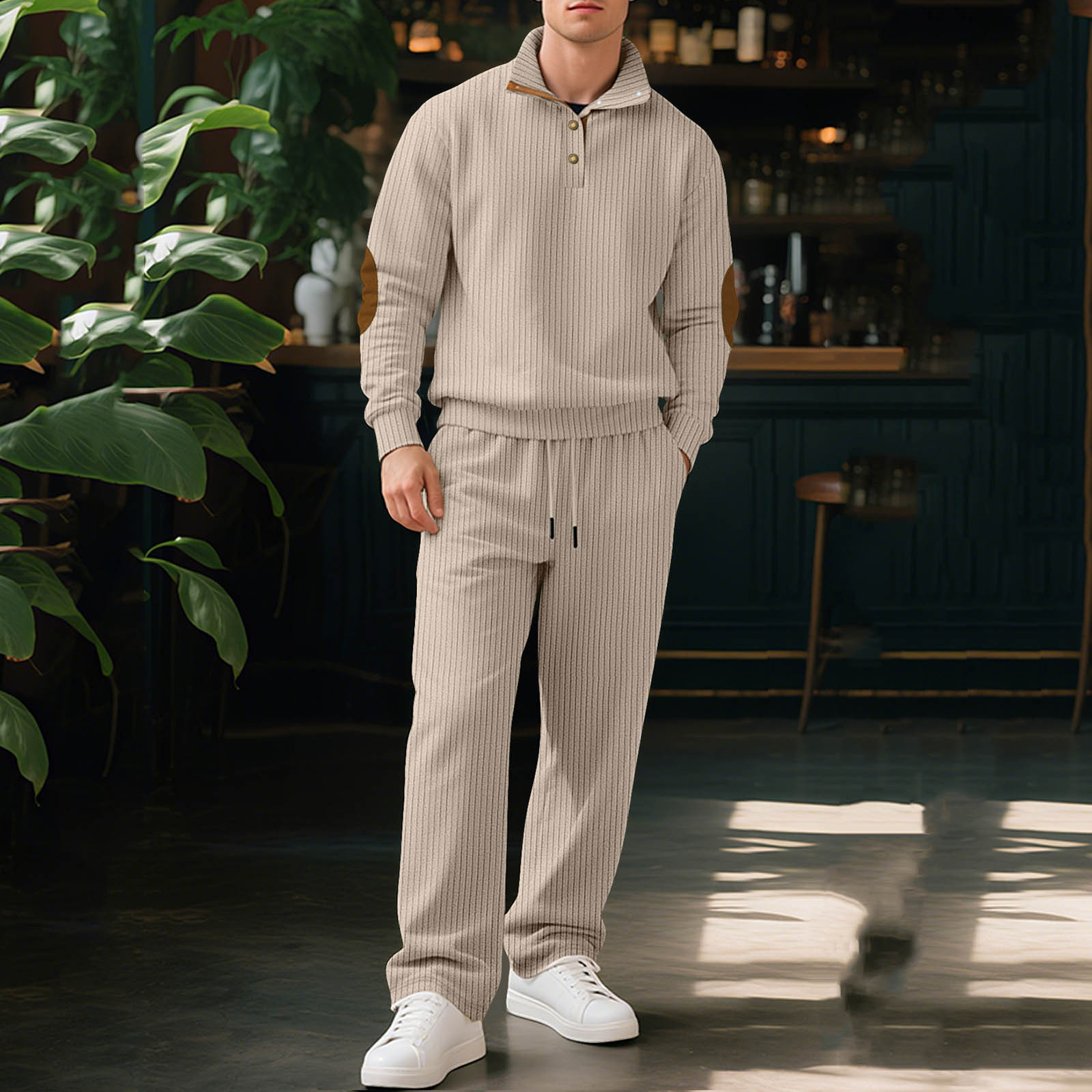 Men's Ribbed Tracksuit Sets Casual Stand Collar Sweatshirt and Straight Leg Sweatpants Suits