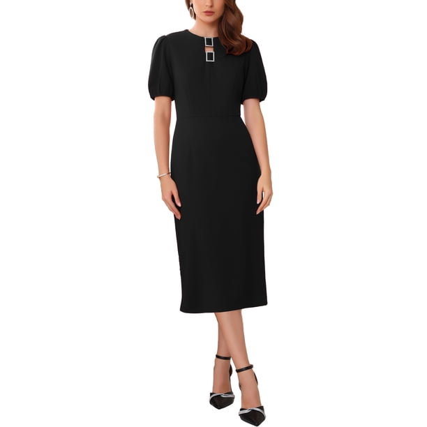 VESTIDO FORMAL DE MUJER INSPIRE CHIC CON MANGAS ABULLONADAS Y CUELLO REDONDO CON ABERTURA, VESTIDOS PENCILES MIDI M NEGRO