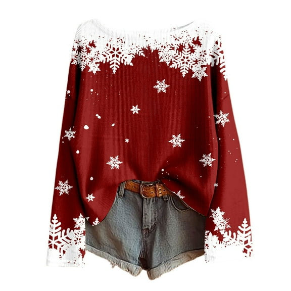 Fiaer Christmas Sweatshirts for Women Plus Size Snowflakes Crew Neck Pullovers Long Sleeve Loose Fit Trendy Elegant Knit Tops XL