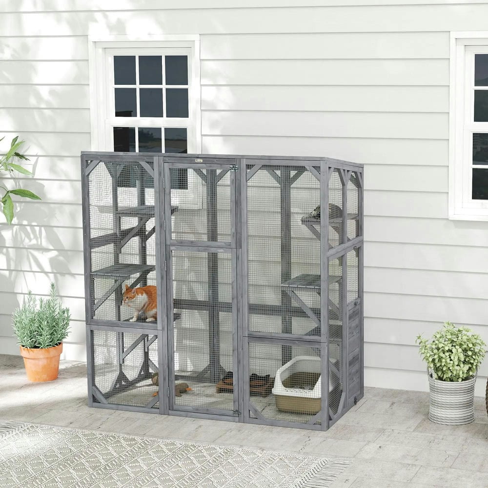 GVN Cat Catio Enclosure, Cat Cage House,Large Wooden Catio Outdoor with 6 Jumping Platforms, Weatherproof Roof,Gray