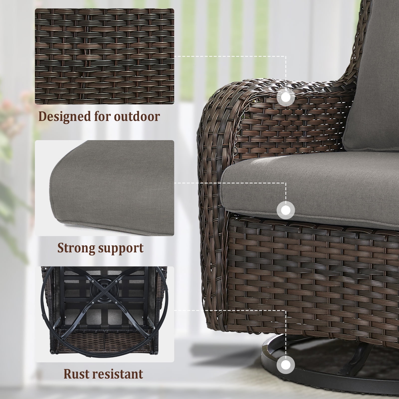 POCASSY 7PCS Outdoor Furniture Set with Firepit Table, Brown Wicker Outdoor Conversation Set with Patio Sectional Sofa Patio Swivel Chairs and Propane Firepit for Deck Porch Garden - Gray