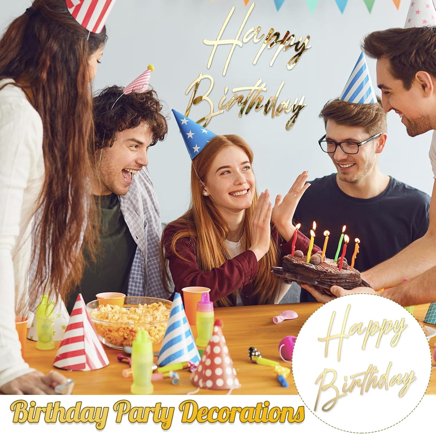 Happy Birthday Sign for Backdrop Large Happy Birthday Sticker Acrylic Mirror Decal Letter Sticker for Balloon Arch Party Sign Wall Decor, Peel Off The Acrylic Film