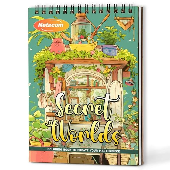 Netecom Secret Worlds Coloring Book Spiral Bound For Adults, A5 Wooden Cover, 30 Stunning Coloring Pages of Dreamlike Environments for Stress Relief and Relaxation