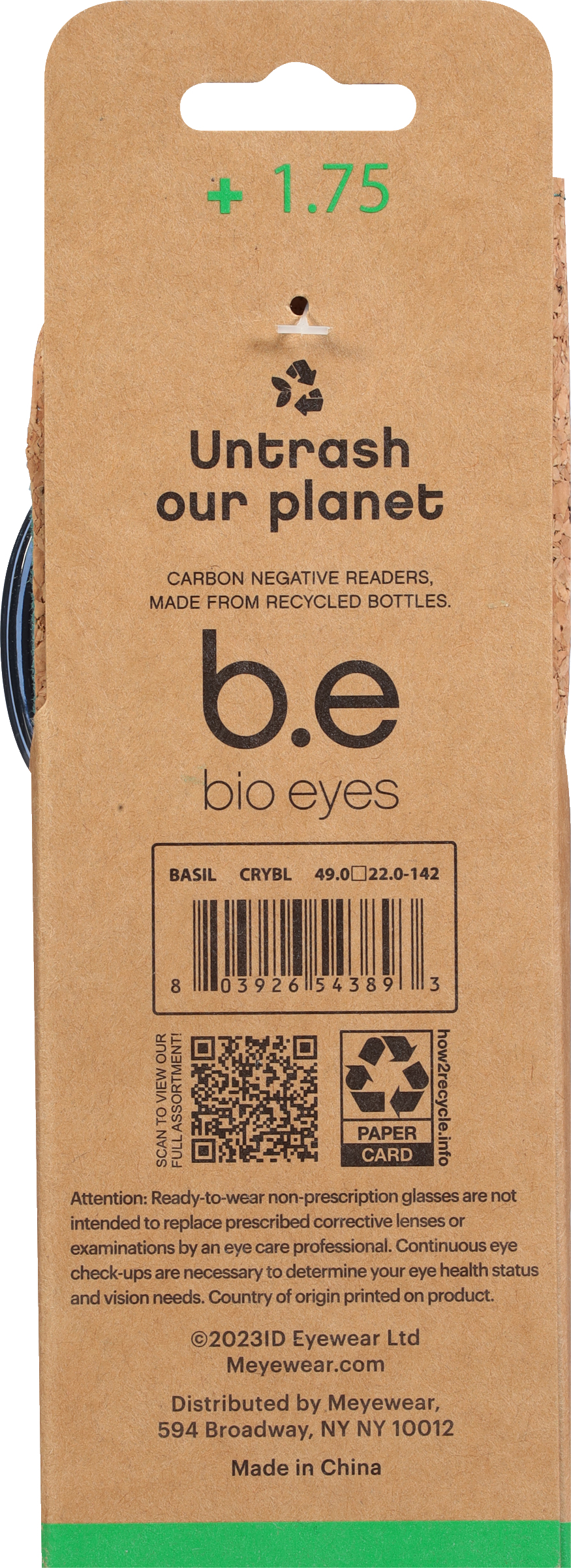 Bio Eyes Unisex Round Reading Glasses Made from Recycled Plastic Basil +1.75 in Blue