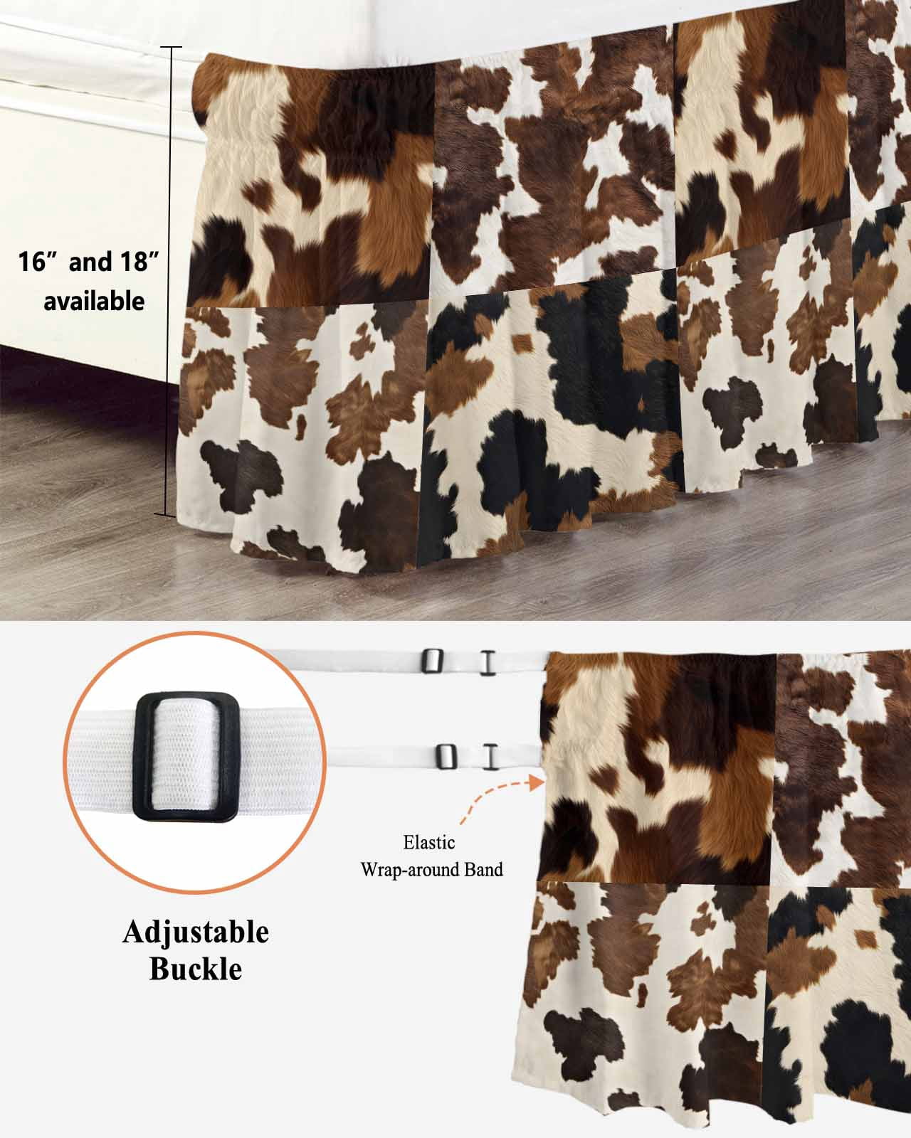 Cow Patterned Wrap Around Bed Skirts for King Bed 16" Drop,Bed Skirt with Adjustable Elastic Belt Dust Ruffle Bed Valance for Bedroom Hotel Vintage Farmhouse Abstract Country Western Bed Frame Cover