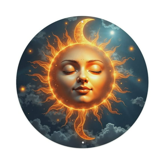 Vintage Wall Decor Sun Moon Face Wall Plaque Sign Round Metal Tin Sign Round Welcome Door Hanging, Suitable for Home Garden Kitchen Bar Cafe Restaurant Garage Wall Decor 8x8 Inch