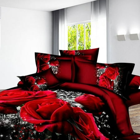 4 Pcs 3d Big Red Rose Floral Bedding Sets Wedding Duvet Cover