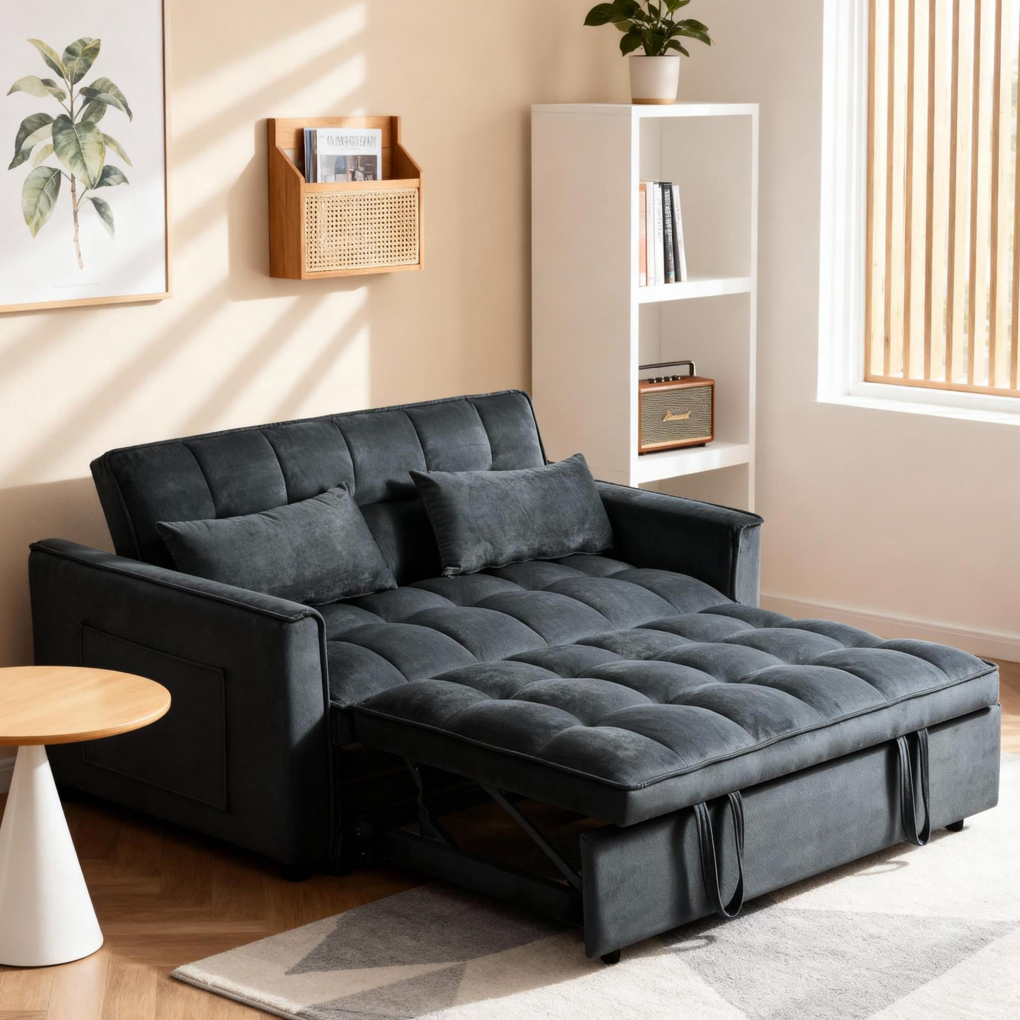 Gewnee 3-in-1 Convertible Futon Sofa Bed – 52.75" Velvet Pull-out Sofa Bed with Reclining Backrest,Side Pockets & 2 Toss Pillows – for Living Room,Apartment,Dorm(Black）