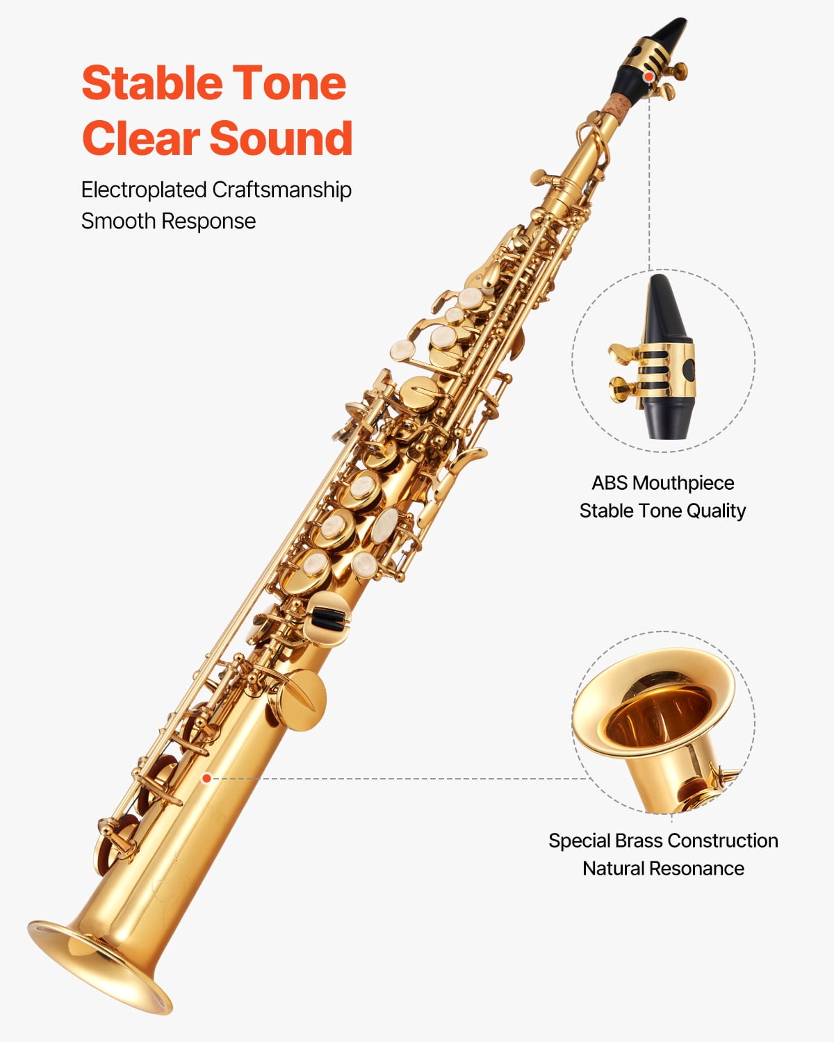 VEVOR Straight Soprano Saxophone, B Flat, Brass Saxophone Beginner Kit with Carrying Case, Mouthpiece, Cleaning Cloth Rod, Gloves, Neck Strap, 23 Keys Soprano Sax Kit, for Beginners Students, Gold