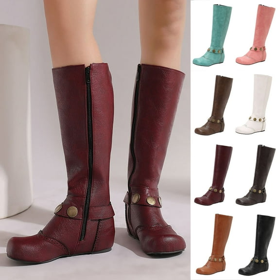 LOVZFMLL Boots for Women Mid Calf Winter Boots Round Toe Slip Resistant Flat Heel Fashion Casual Fall Winter Boots Shoes