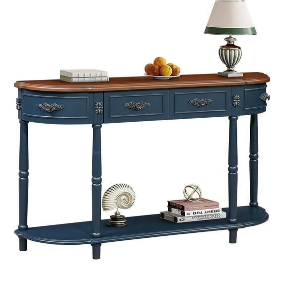 JERFIT Retro Sofa Table with Drawers, 52" Half Moon Console Table, Solid Wood Navy Blue Entryway Table for Living Room, Hallway, Bedroom