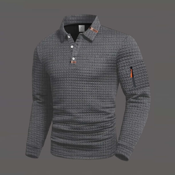 pstuiky camisas de manga larga para hombre, Camiseta de manga larga con solapa y botones para hombre, color liso, con cuello cuadrado pequeño camisetas de hombre l