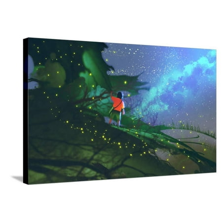 Giant Wall Paintings Little Boy Standing on Giant Leaves Looking at a Night Sky,Illustration Painting Stretched Canvas Print Wall Art By Tithi Luadthong ()