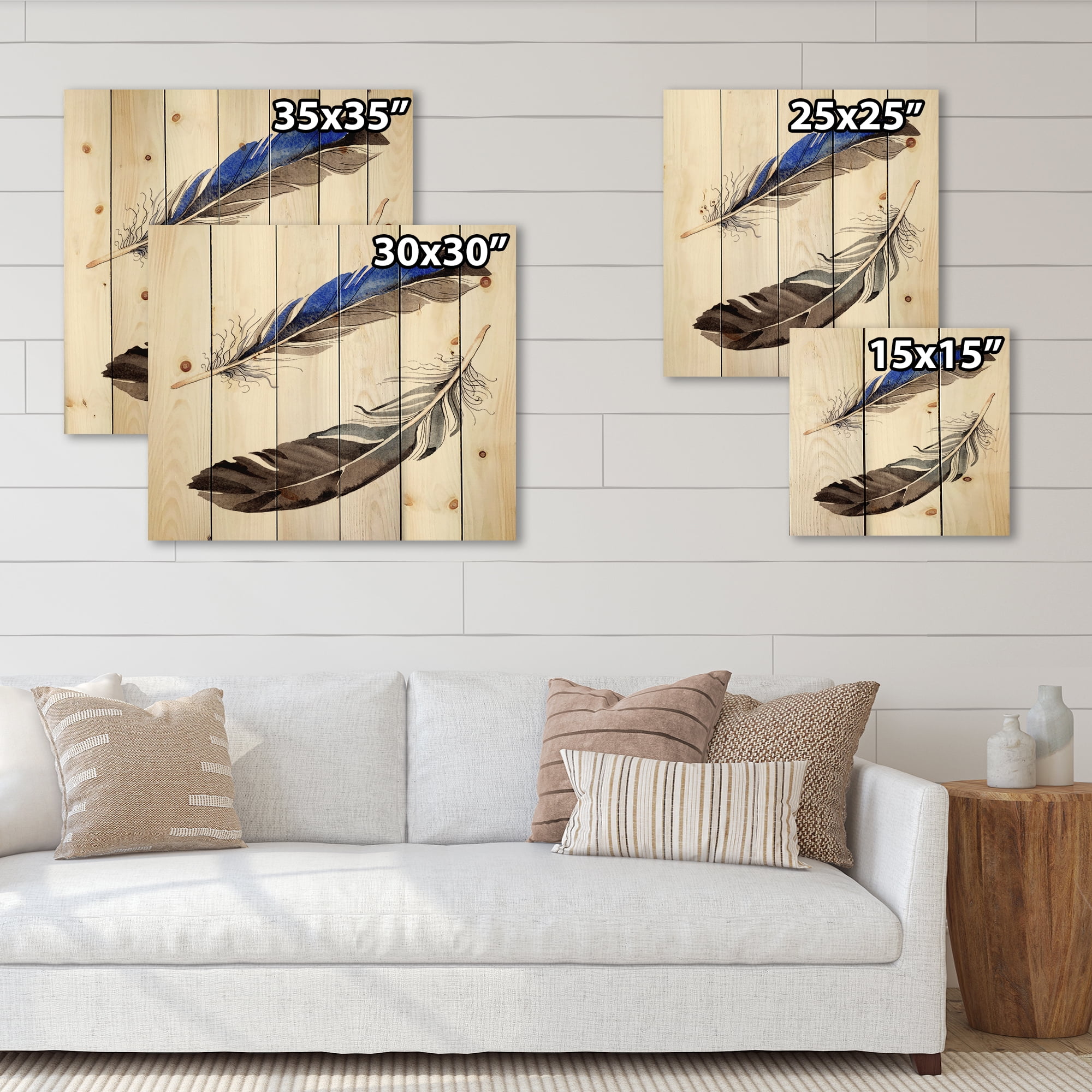 Designart 'Colourful Boho Art Feathers III' Bohemian & Eclectic Print on Natural Pine Wood