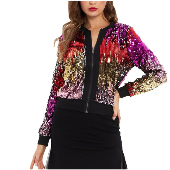 Womens Sequin Long Sleeve Front Zip Crop Jacket with Ribbed Cuffs Sparkly Glitter Clubwear Outwear Coats