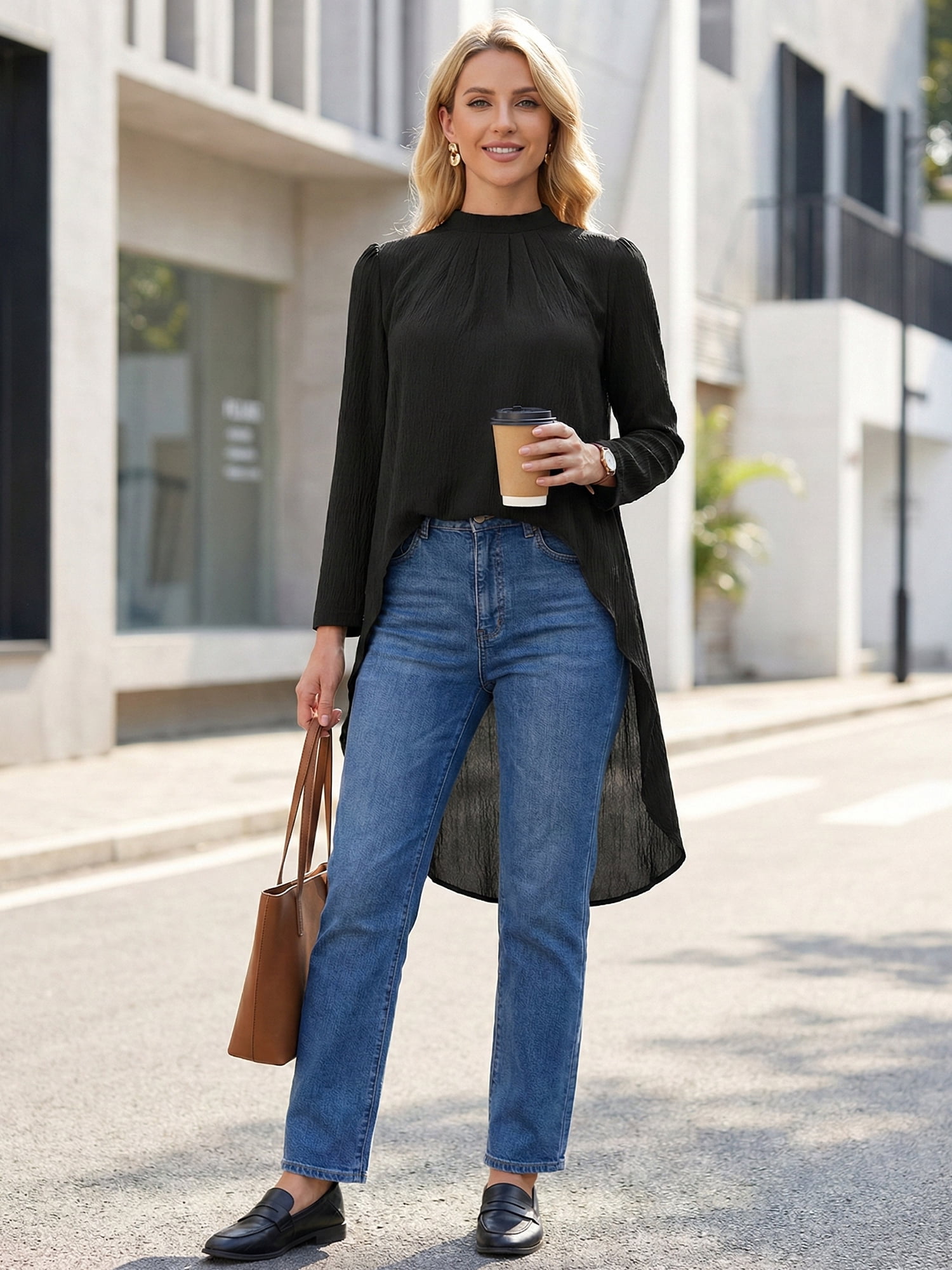 DARING DIVA Women's High Low Long Sleeve Asymmetrical Hem Casual Blouse M Black