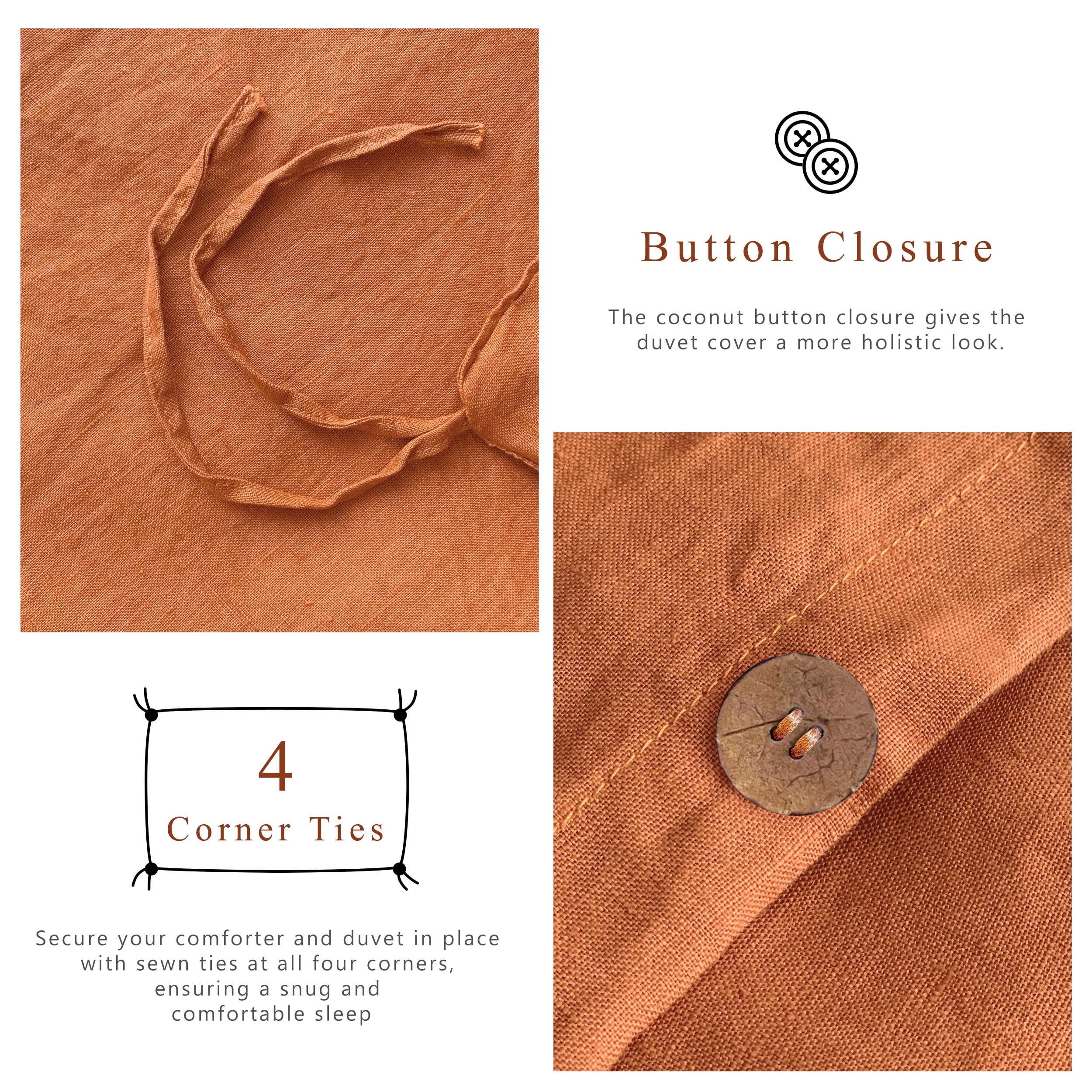 100% Pure Linen Duvet Cover with Button Closure and Corner Ties Soft & Breathable - Caramel King/Cal King