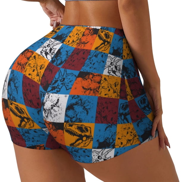 Balery colorful plaid Dinosaur Pantalones cortos de entrenamiento estampados para mujer, sin costuras, ajustados, para gimnasio, yoga, correr, deportes, ejercicio activo, fitness.-Large