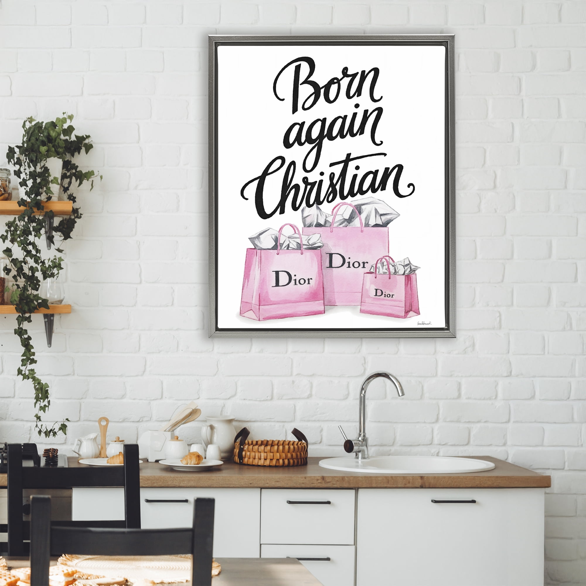Pink Bags Born Again Christian Gray Framed Floater Canvas Wall Art, design by Amanda Greenwood