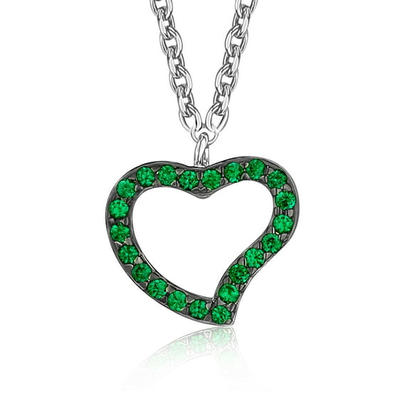 Collier Pendentif Cœur Ouvert Vert en Argent Sterling pour Filles avec Oxydes de Zirconium sur Chaîne Rolo avec Rhodium Noir 15 Pouces Italy 925 UNICORNJ