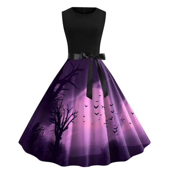 FcBaudy Sleeveless Round-Neck Dress,Summer Dresses for Women,Womens Dresses Women Retro Print Patchwork Sleeveless Evening Party Prom Vintage Dress LTLYQ12-006 Women Dress