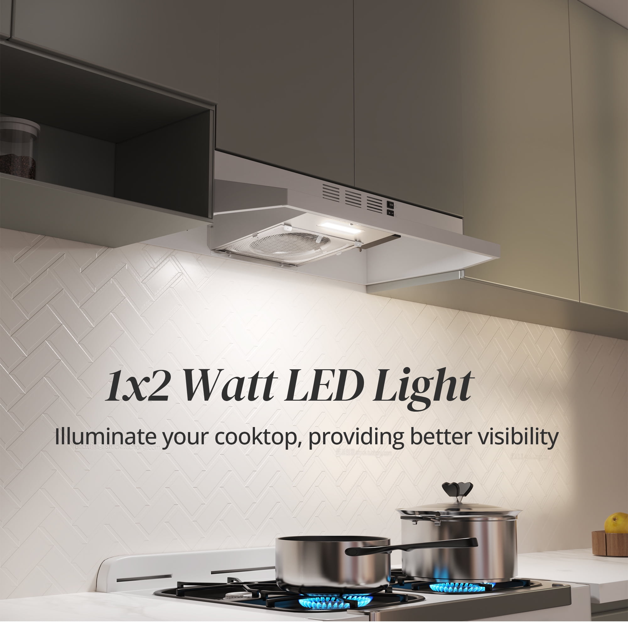 FIREGAS Range Hood 30 inch Under Cabinet Range Hood with 2 Speed Exhaust Fan, 290 CFM,Multi-Layers Aluminum Filter Included,White