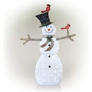 Alpine Corporation 74 (Over 6 Feet Tall) Outdoor Mesh Snowman Yard Decor with Red Birds and 100 Cool White LED Lights, Christmas Holiday Lighted Sculpture