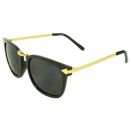 Stylish Retro Horn Rimmed Sunglasses Solid Black Base with Stunning Gold Metal Emphasis and Black Lenses