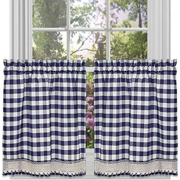 Farmhouse Curtains Kitchen Décor, Buffalo Valance, Classic Country Gingham Checkered Design, Farmhouse Décor, Window Curtain Treatments (Navy, 36" Tier Pair)