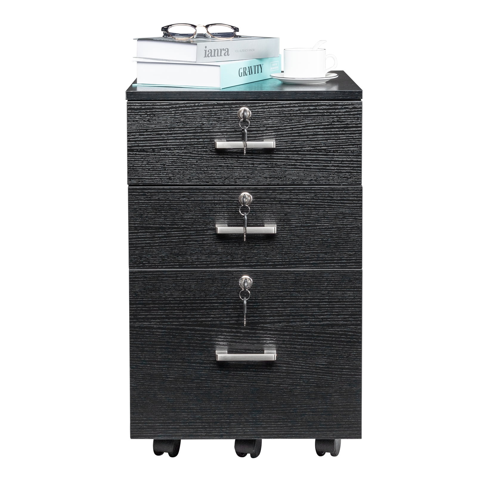 Ktaxon 3-Drawer Rolling Wood File Cabinet with Lock, Portable Vertical Mobile Wooden Storage Filing Cabinet for Home Office,Black