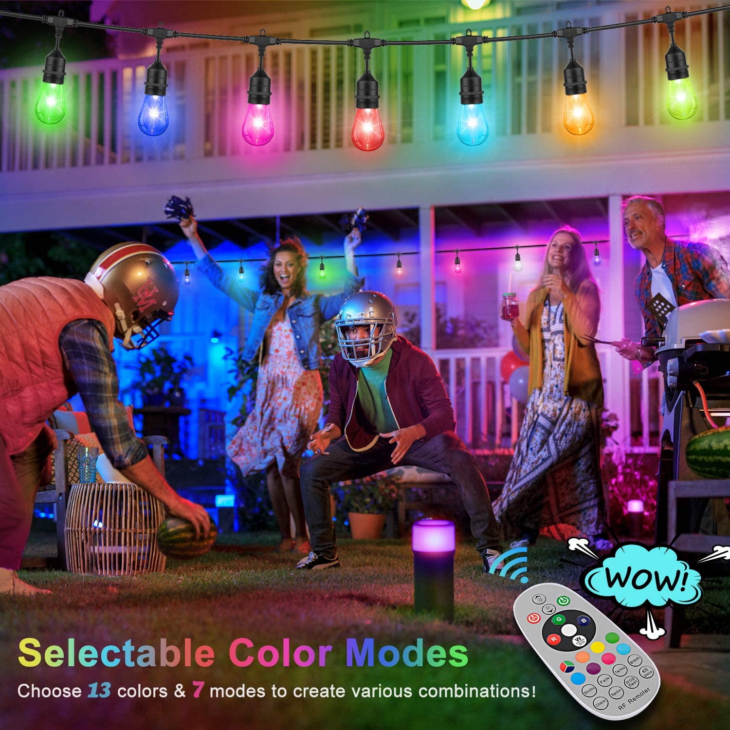 48ft Color Changing Outdoor String Light with Shatterproof LED Bulbs Remote Control Weatherproof for Patio Backyard Garden Party