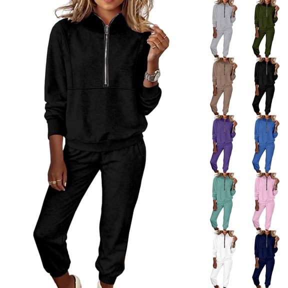 Long Sleeve Half Zip Sweatsuits Women 2 Piece Outfit Fall 2025 Casual Sweatshirt Sweatpants Lounge Set Tracksuit White XL