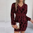 thumbnail image 5 of IROINNID Sweater Dress for Women Long Sleeve Dress Mid-Length Sweater Dress Long Sleeve Dress V-Neck Ladies Print Outing Dresses,Burgundy, 5 of 8