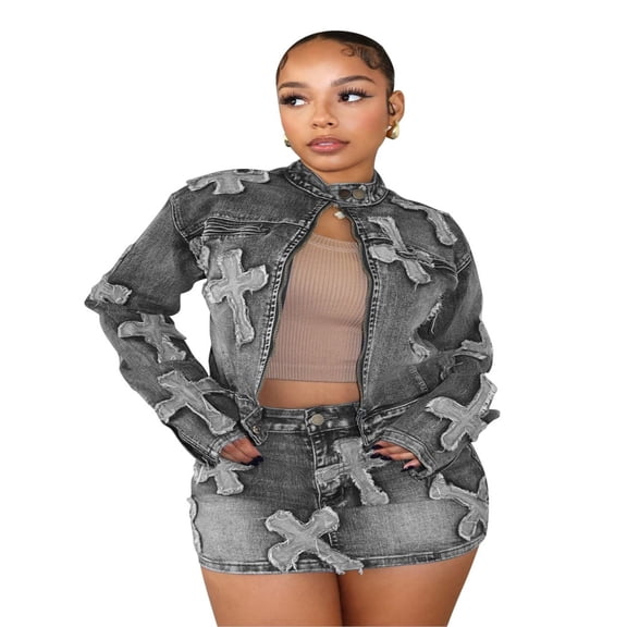 LYMAYTER Women's Denim 2-Piece Set Y2K Long Sleeve Zipper Jacket & Mini Skirt Outfit S-2XL
