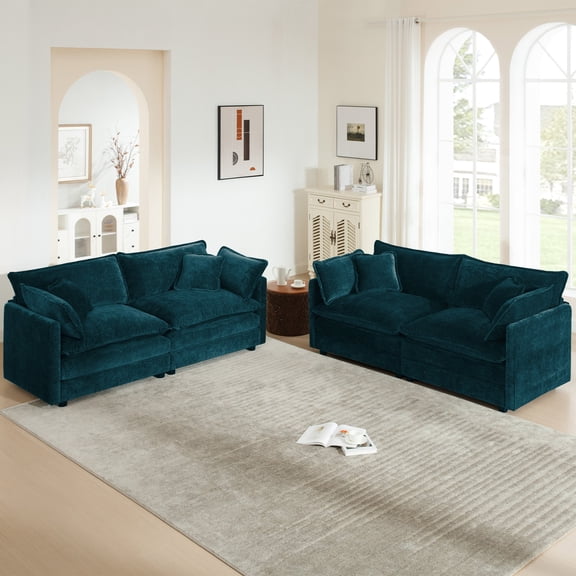FFZ 2-Piece Chenille Living Room Set with 2-Seater Loveseat and Couch, Blue