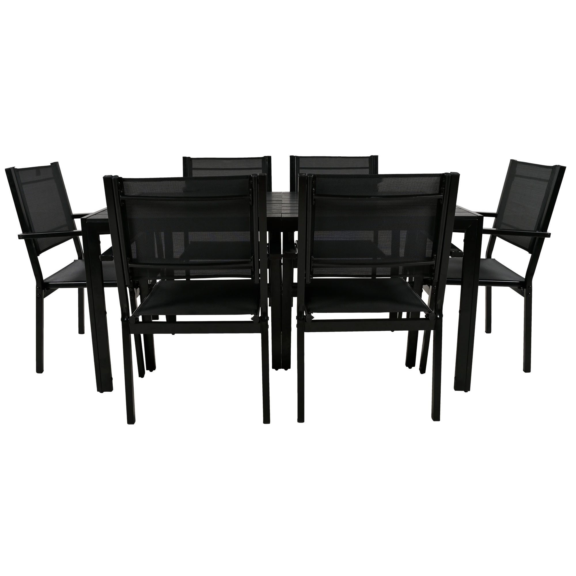 Outdoor Dining Table & Chairs, Patio Dining Sets with 6 Stackable Textilene Armchairs, All-Weather Plastic Furniture Dining Set Steel Frame and Wood Grain Top Table
