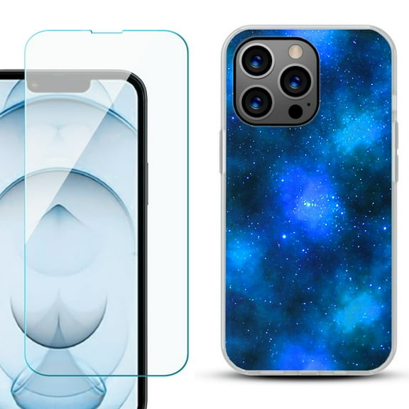 Slim-Fit Gel TPU Phone Case for iPhone 13 Pro Max, with Tempered Glass Screen Protector, by OneToughShield ® - Cosmos/Stars