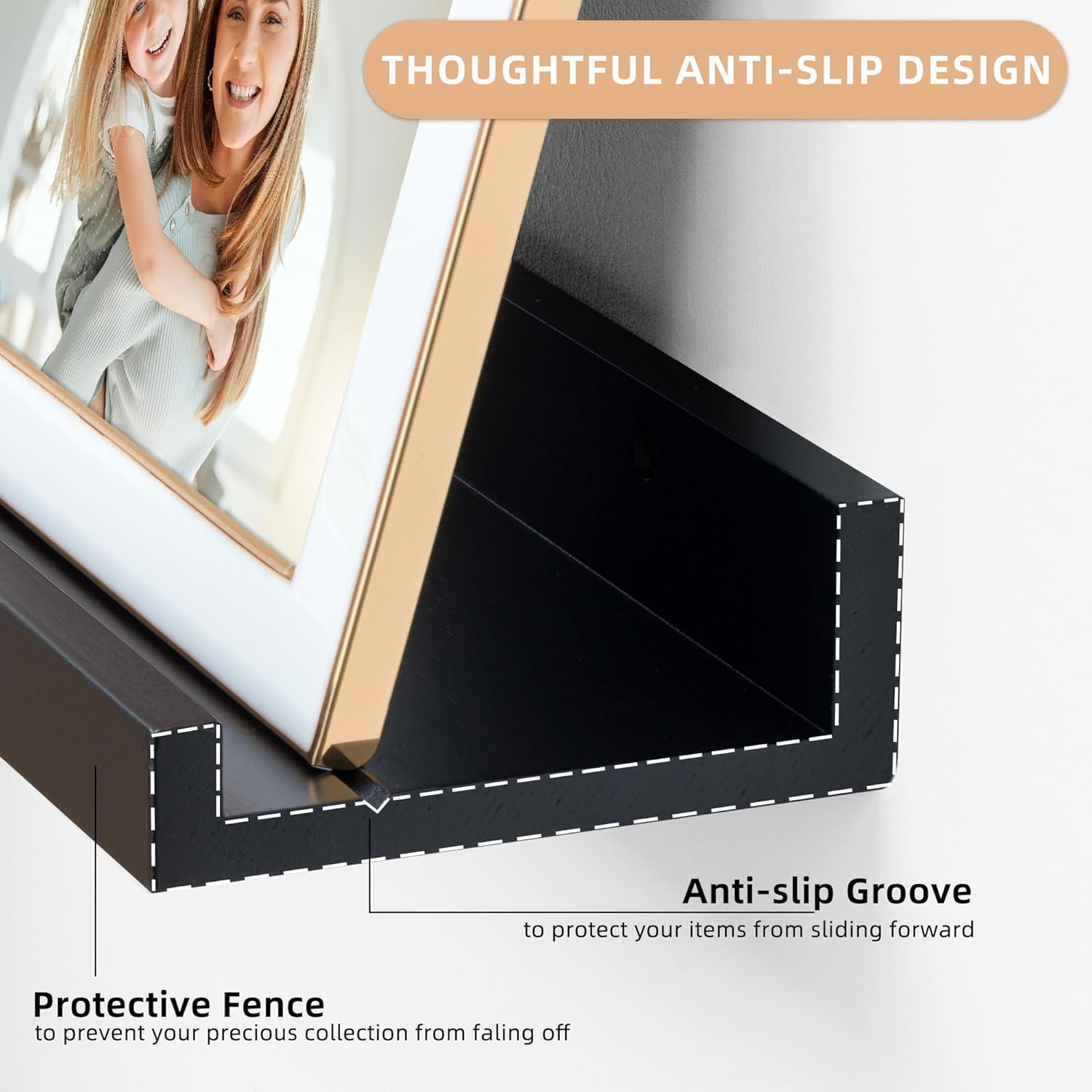 Long Floating Shelves for Wall, 72 inch Solid Wood Picture Ledge Shelf, Picture Shelf for Wall with Ledge, Floating Book Shelves for Living Room Bedroom Kitchen Nursery Decor, Black, Set of 2