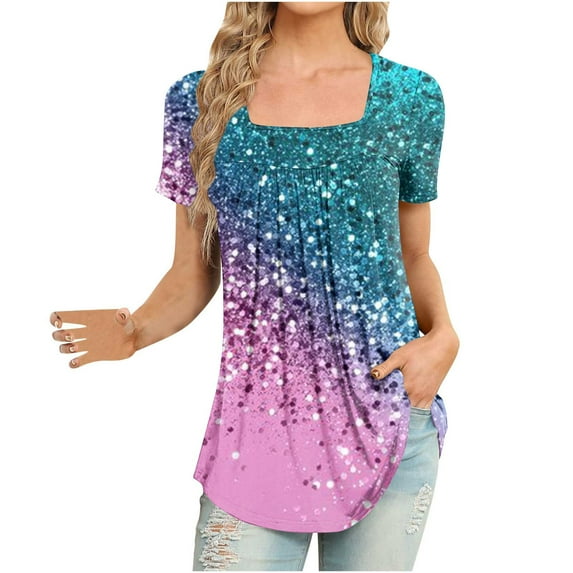 Women Square Neck Short Sleeve Long Flowy Tunic Top Floral Shirt Pleated Dressy Blouses Curved Hem Summer Casual Tee